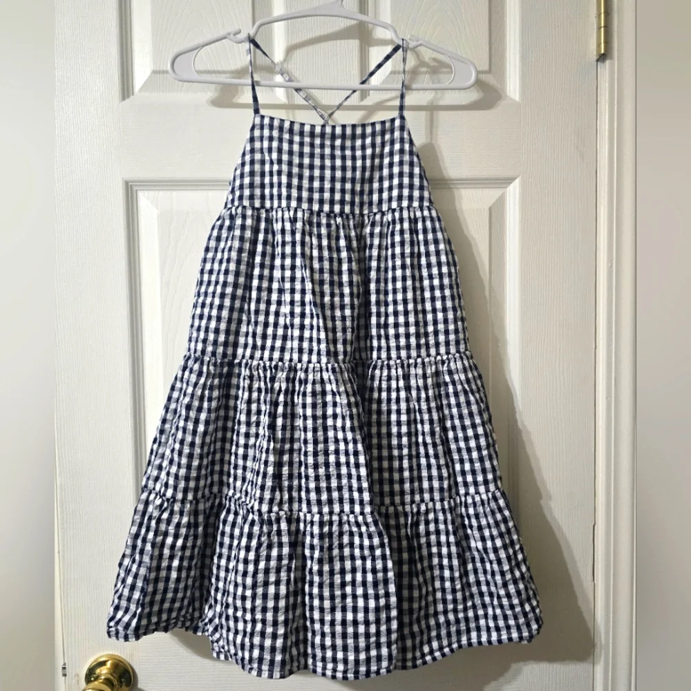 GAP Kids Tiered Gingham Print Cotton Sun Dress, White & Navy Blue, Girls 10/12.